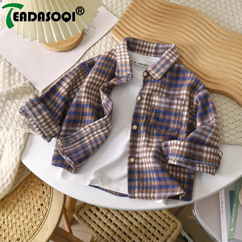 2-9Y Kids Boys Girls Spring Fall Vintage Plaid Shirt Cotton Clothing Long Sleeve Lapel Single Breasted Cardigan Base T-shirt