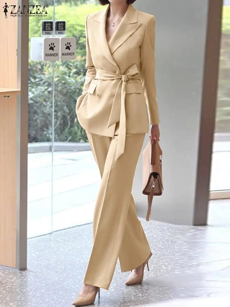 ZANZEA Fashion OL Blazer Suit Long Sleeve Lapel Neck Tops Wide Leg Pants 2pcs Woman Elegant Party Matching Sets Vintage Outifits