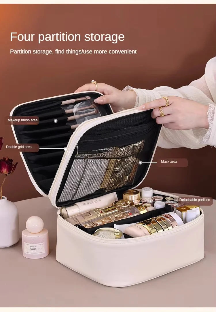 Multi-functional Cosmetic Bag Large-capacity Makeup Bag PU Double-layer Portable Travel Toiletry Pouch Women Makeup Storage Bag