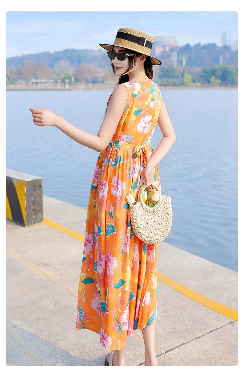 Spring Summer Dresses Fashion Female Sleeveless printed Casual Dress Women A-line Dresses Vestidos