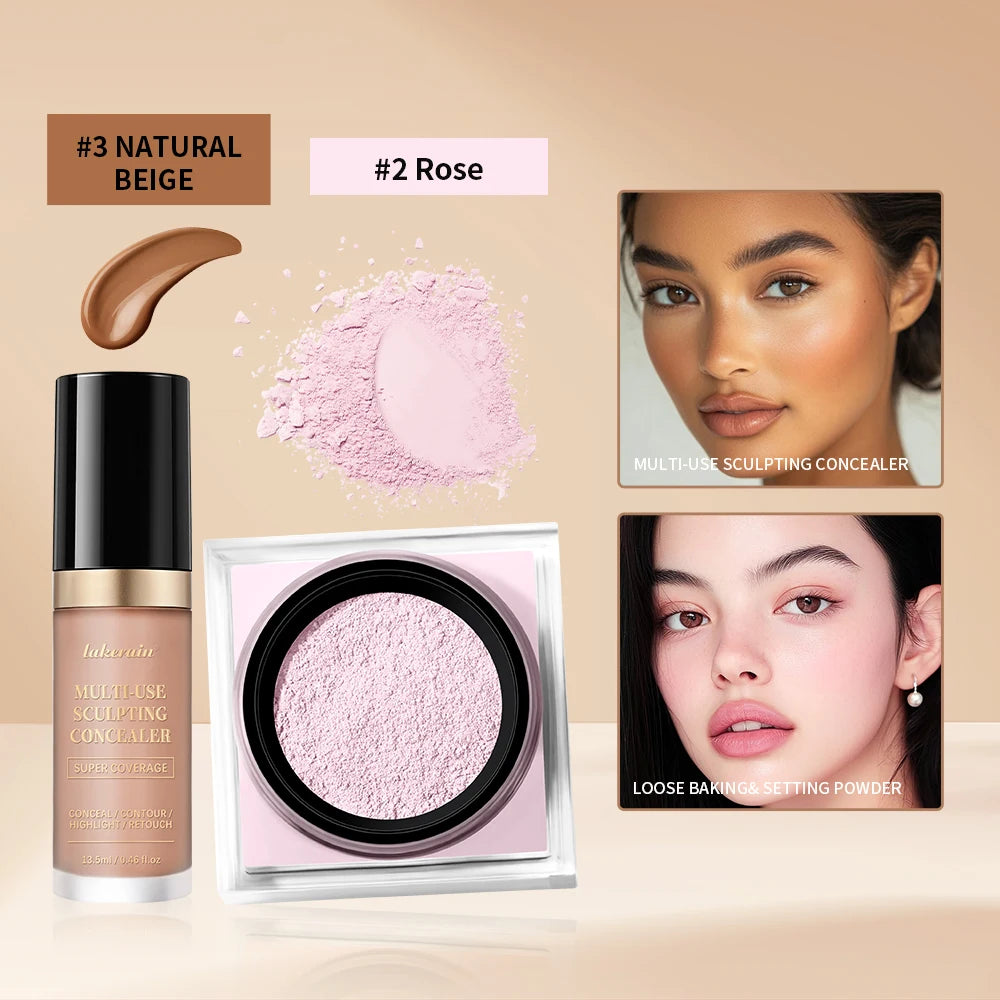 2pcs Face Makeup Set With Concealer And Loose Setting Powder Natural Face Smooth Matte Finish Women Cosmetics Korean Makeup