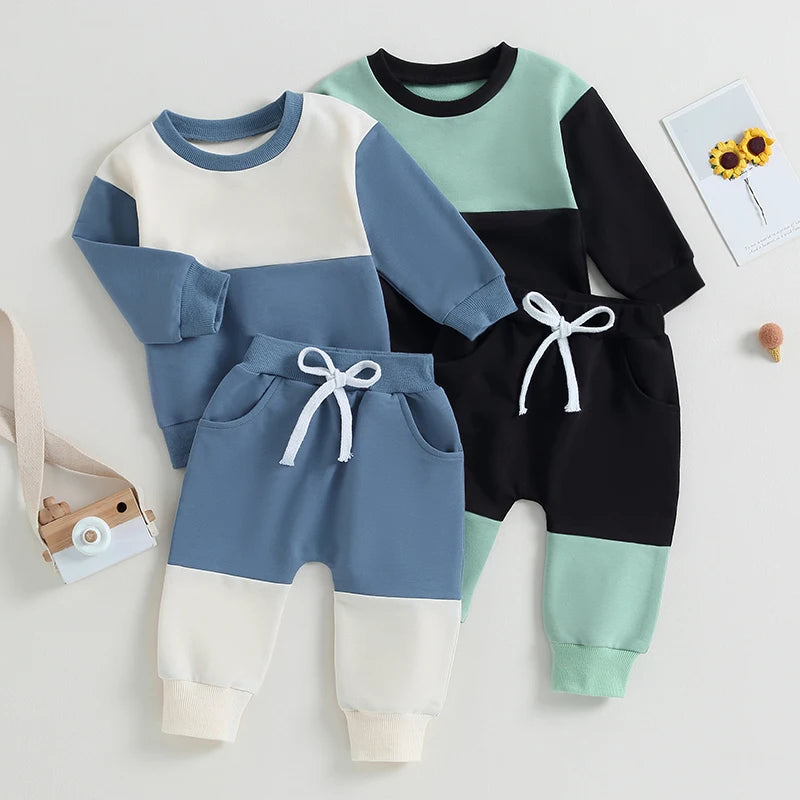 Kids Baby Toddler Boys Fall Outfits Patchwork Long Sleeve Sweatshirts and Elastic Waist Pants Newborn Infants Clothes Set