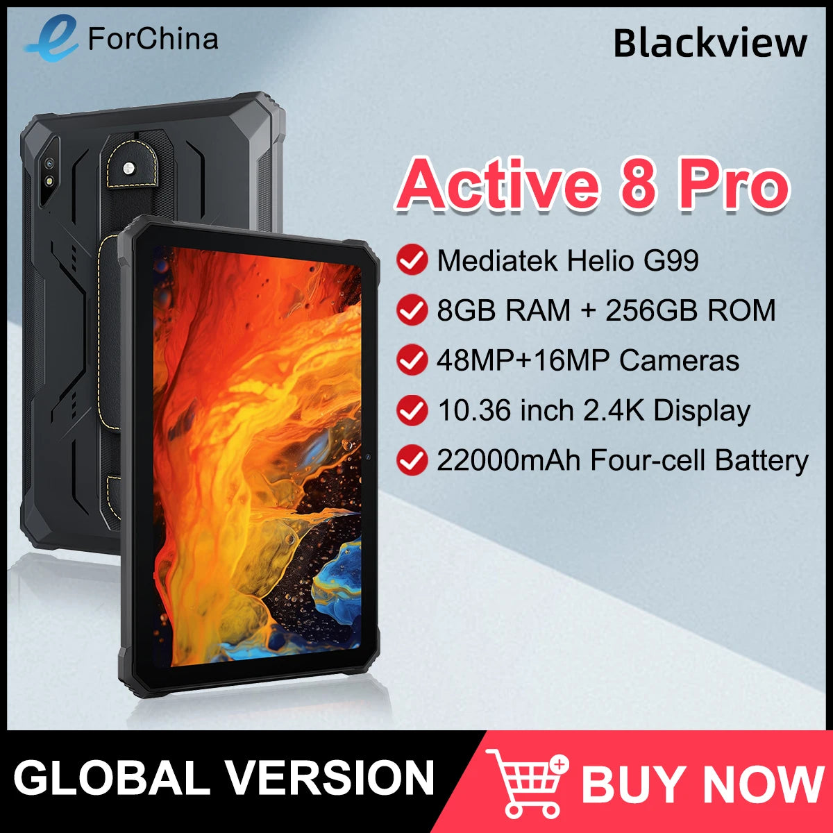 Blackview Active 8 Pro Rugged Tablet PC 10.36" 2.4K Display 8+256GB Android 13 Helio G99 Octa Core Tablets 22000mAh Battery NFC