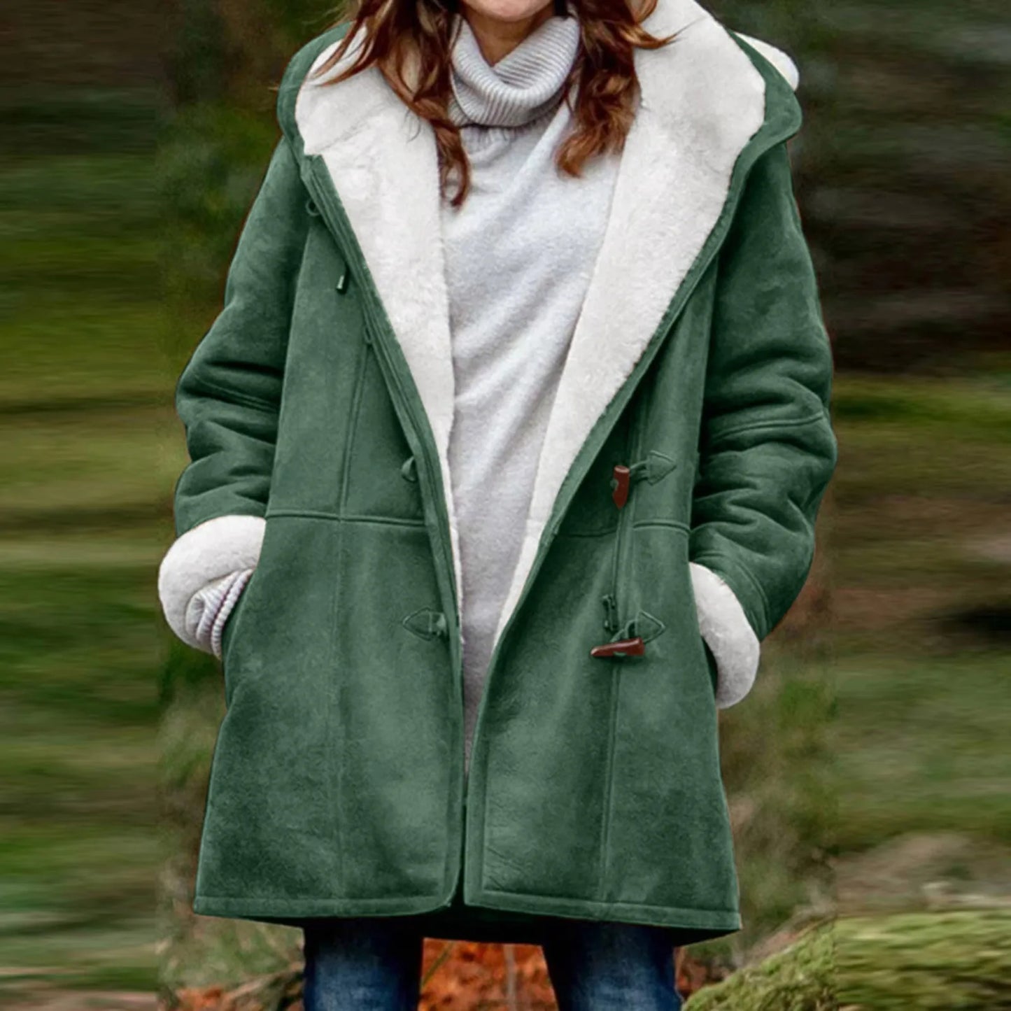 Winter Women's Sherpa Jacket Casual Trendy Warm Fleece Lined Pocket Overcoat Hooded Parka Toggle Buttons Coats Velvet Outerwear