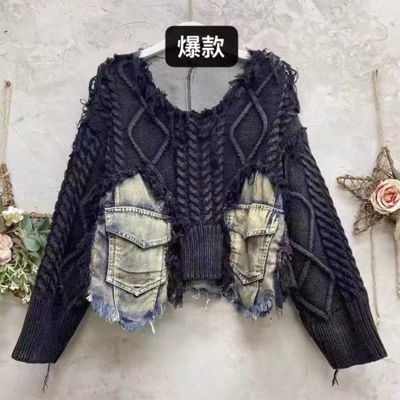 Tannt Women Sweater Patchwork Asymmetry Pullover Knitting Tops Asymmetry Color Matching Loose Long Knitting Sweaters 2025 New