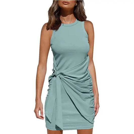 Sleeveless Round Neck Pleated Bow Dress for Women's Irregular Tight Fitting Skirt