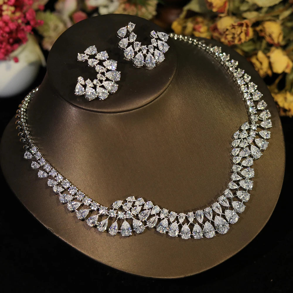 ASNORA Luxury Sparkling Zircon Geometric Design Wedding Necklace Jewelry Sets Bijoux Femme Ensemble  X0610
