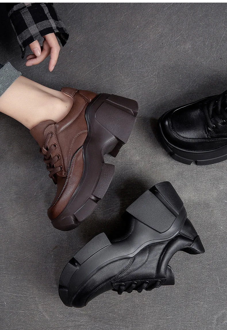 GKTINOO 2026 Women Shoes Handmade Retro 100% Genuine Leather Thick High Heel Chunky Platform Casual Height Increasing Shoes