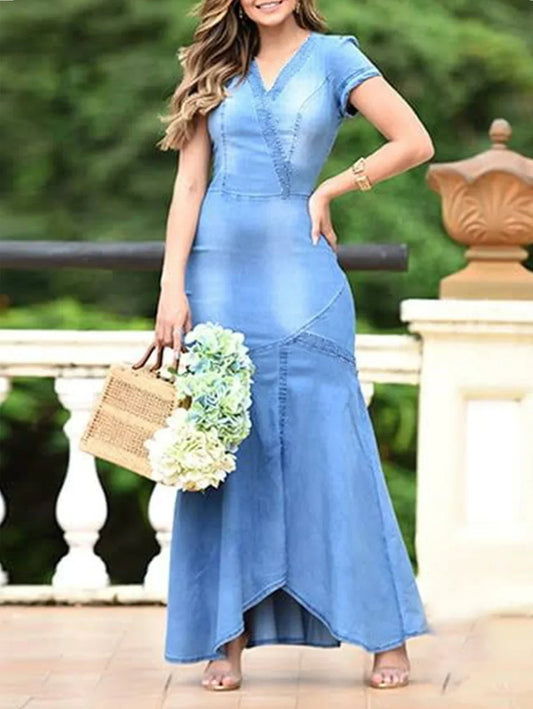 Plus Size Casual Plain V Neck Short Sleeve Denim Maxi Dress Fashion Summer Loose Sexy Holiday Long Dress Vestidos para mujer