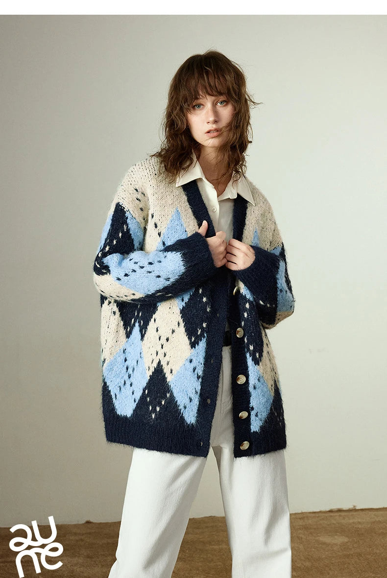 TOYOUTH Women Sweater Coats 2025 Winter New Retro Nordic Colorblock Argyle V-Neck Loose Wool-Blend Outerwear