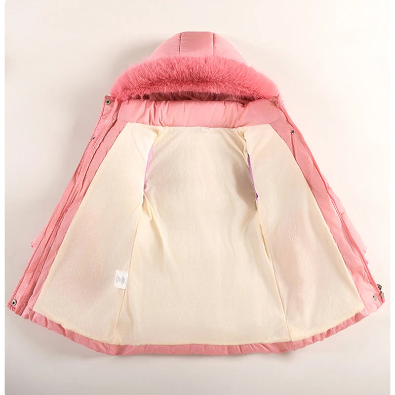 2025 Winter New Girls Jacket Long Solid Color Lining Berber Fleece Thick Warm Hooded Parka For 4-10Y Girls Bow Fashion Snowsuit