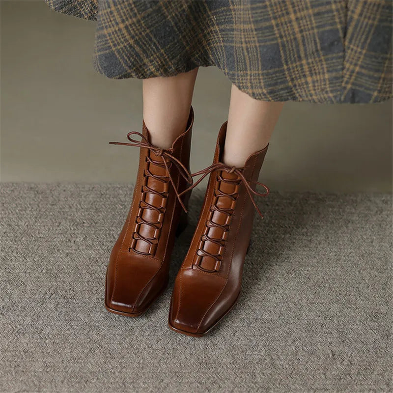 2022 Autumn Women Boots Square Toe Back Zipper Women Shoes Chunky Heels Shoes for Women High Heel Boots Vintage Leather Shoes