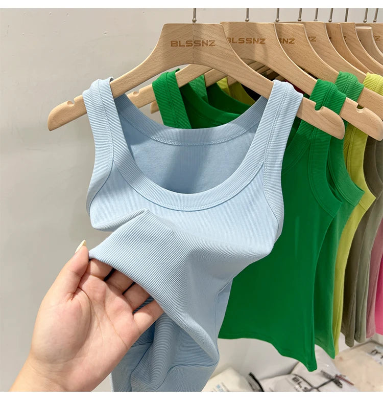 Women Solid Round Neck Ribbed Tank Top Camisole Women 2026 Summer Basic Elastic Tank Top O Neck Solid Tank Top