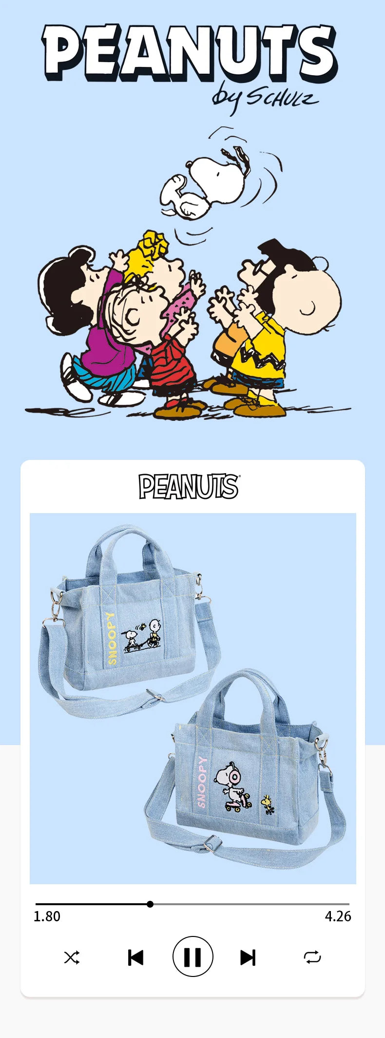 Kawaii Snoopy Denim Tote Bag Cartoon Animation Student Cute Tote Bag Embroidery Lunch Crossbody Bag