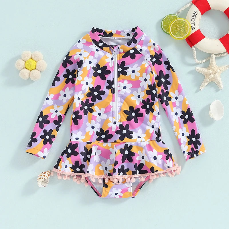 VISgogo Toddler Girls Summer Swimwear Beachwear Long Sleeve Crewneck Bobble Decor Zip Up Floral Bathing Swimsuit