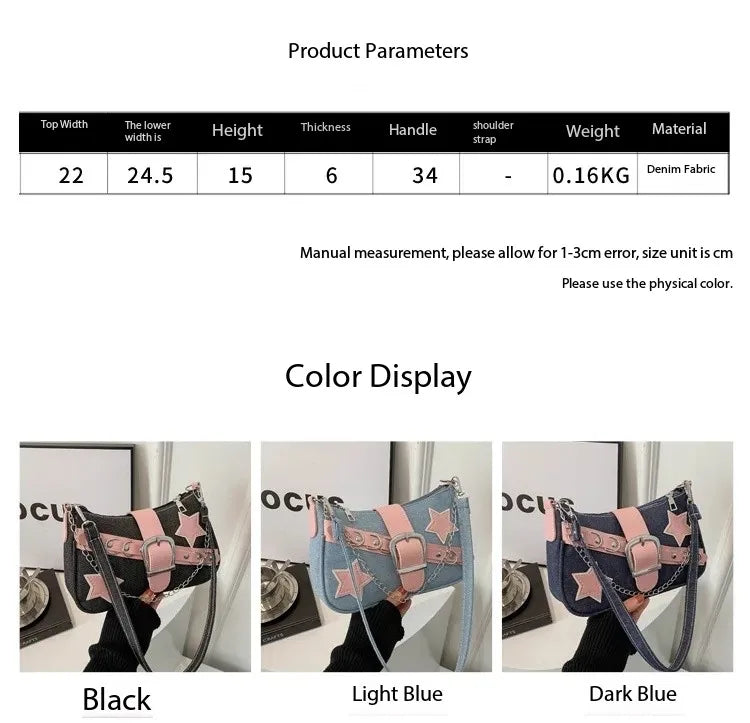 Y2k Hot Girls Denim Shoulder Bags Retro Rivet Star Women's Underarm Bag Portable Female Chain Armpit Bag Small Purse Handbags