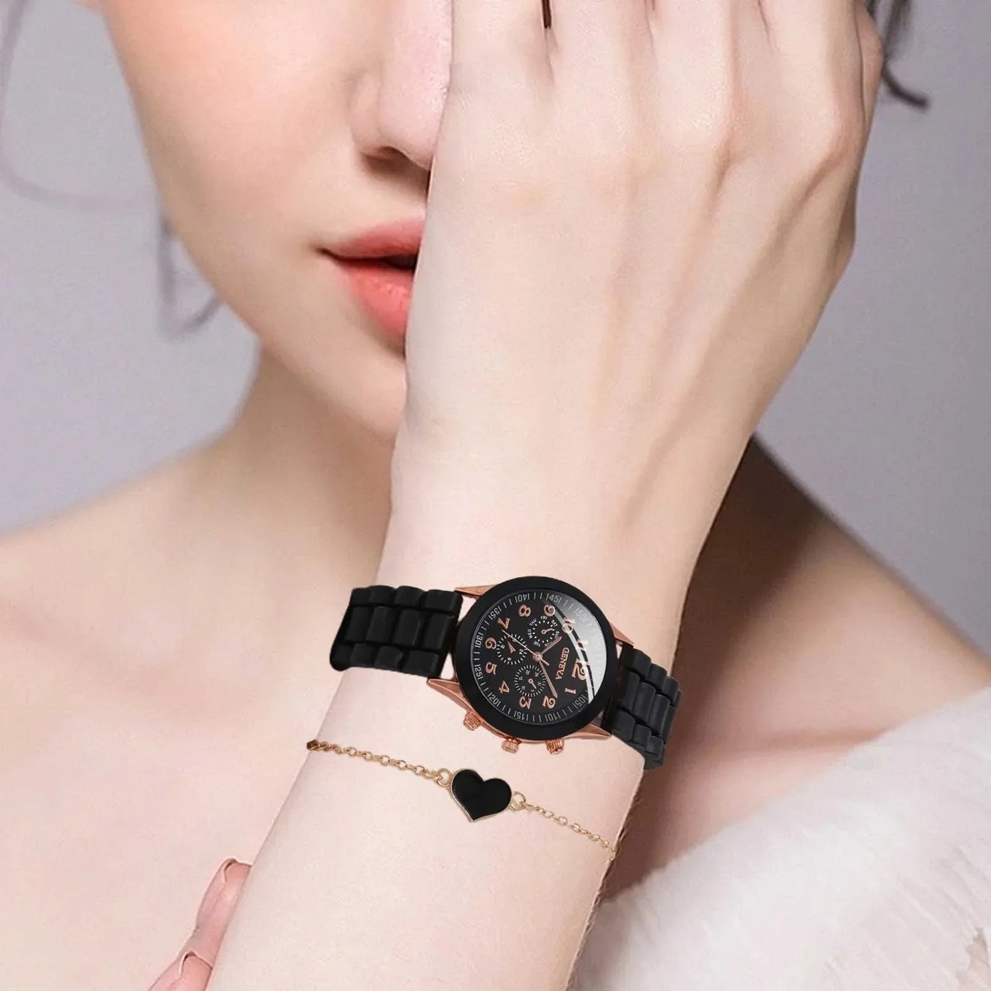 5PCS Set Luxury Watch Women Ring Necklace Earrings Rhinestone Fashion Wristwatch Female Casual Ladies Watches Bracelet Set Clock
