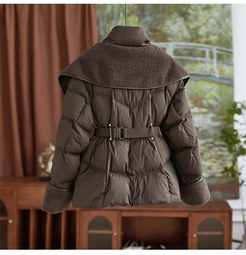 2025 New Winter Jacket Coat Female Parkas Fashion Lamb Wool Double Collar Short Belt Warm Down Cotton Jacket Women Outerwear Top