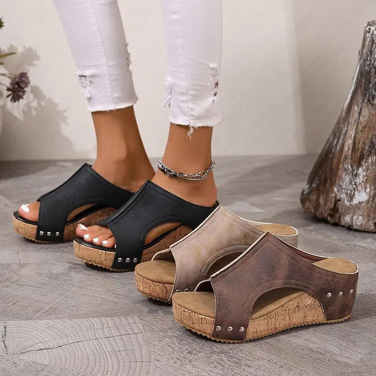Women's Fashion Wedge Sandals Cork Platform Mules Open Toe Studded Slide Sandals Casual Summer High Heel Slides for Women Ladies