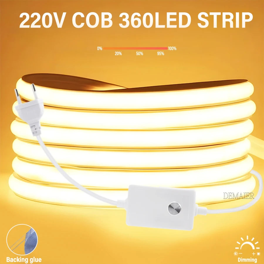 COB LED Strip 360leds/M High Bright EU Plug 220V CRI RA90 Waterproof Outdoor Garden FOB LED Tape For Bedroom Kitchen Lighting