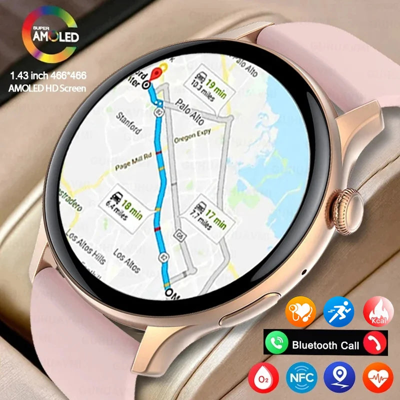 2024 GPS Smart Watch Women 1.43 Inch AMOLED 466*466 HD Screen Sport Heart Rate NFC Custom Dial Bluetooth Call Smartwatch Ladies