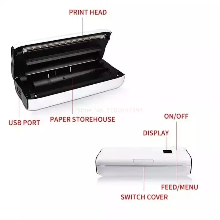 New A4 Portable Thermal Printer Mobile Mini Office Bluetooth Machine Thermal Paper Roll Heat Transfer No Need Link Or Ribbon