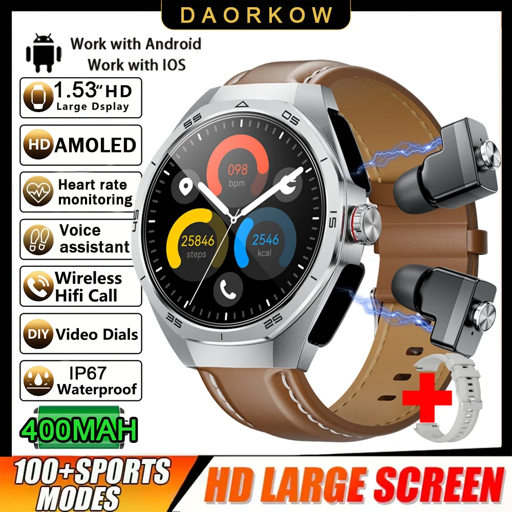 2026 New Smart Watch Men TWS 2-in-1 Bluetooth Earphones With Built-in Speaker HIFI  1.53HD SCreen Bluetooth Call IP67 Waterproof