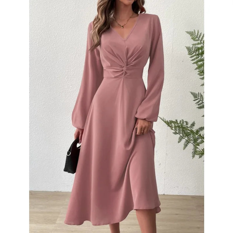 European American Fashion Spring Summer Fashion V-neck Lantern Long-sleeved Skirt Twisted Edge Elegant Mid-length Dress