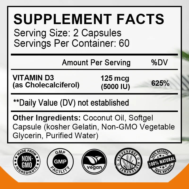 Vitamin D3 5000 IU 125 Mcg Vitamin D3 Capsules Healthy Muscle Function Helps Support Immune Health Strong Bones and Teeth