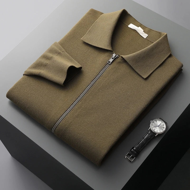 Men's Cardigan 100% Pure Cashmere Jacket Zippered Lapel Knit Sweater, Loose Thickened Long Sleeved Business Casual Autumn Winter