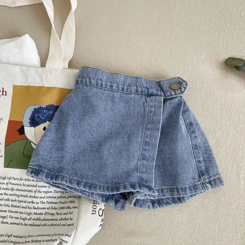 New Summer Kids Girl Shorts Solid Color Elastic Waist Button Soft Denim Culotte Children Versatile Clothing H5515