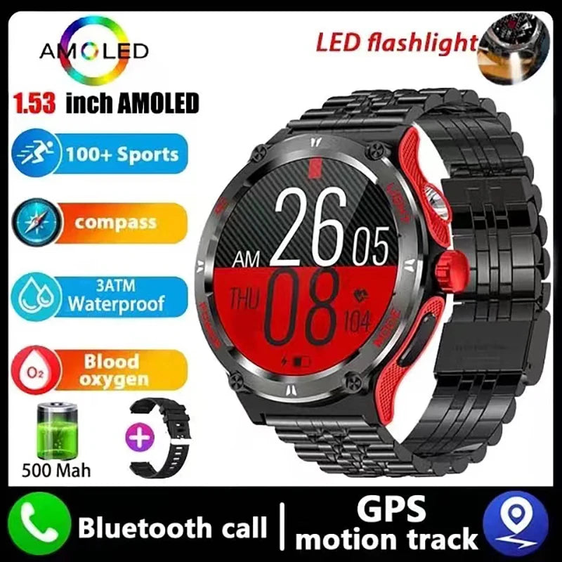New Flashlight watch For  GPS NFC Smart Watch Men  AMOLED Screen Heart rate Bluetooth Call IP68 Waterproof Man Watch 500mAh