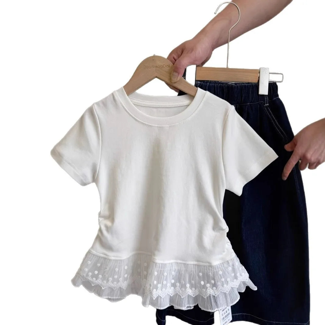 2025 Spring Summer Girls White Tee: Lace Trim Ruffle Short Sleeve Top for 3-14Y Teens Girls T-shirt Versatile Fashion Blouse