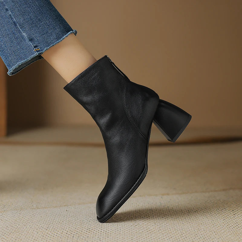2024 Autumn/winter Women Boots High Heels Square Toe Short Boots Women Shoes Office Lady Gladiator Lady Shoes Genuine Leather