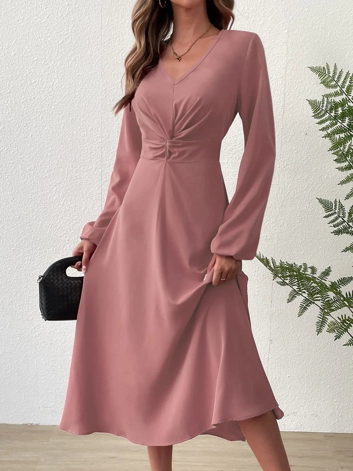 European American Fashion Spring Summer Fashion V-neck Lantern Long-sleeved Skirt Twisted Edge Elegant Mid-length Dress