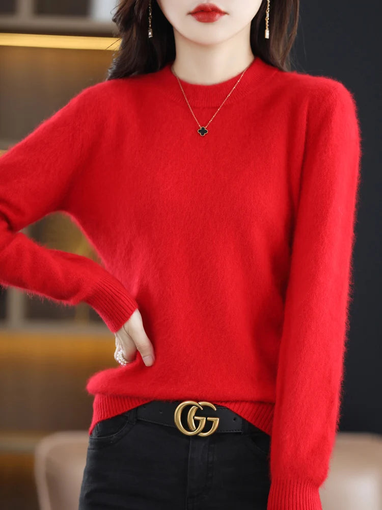 Winter Women Sweater 100% Mink Cashmere Half Turtleneck Knitted Pullovers Loose Soft Warm Female Long Sleeve Solid Jumper S-XXL
