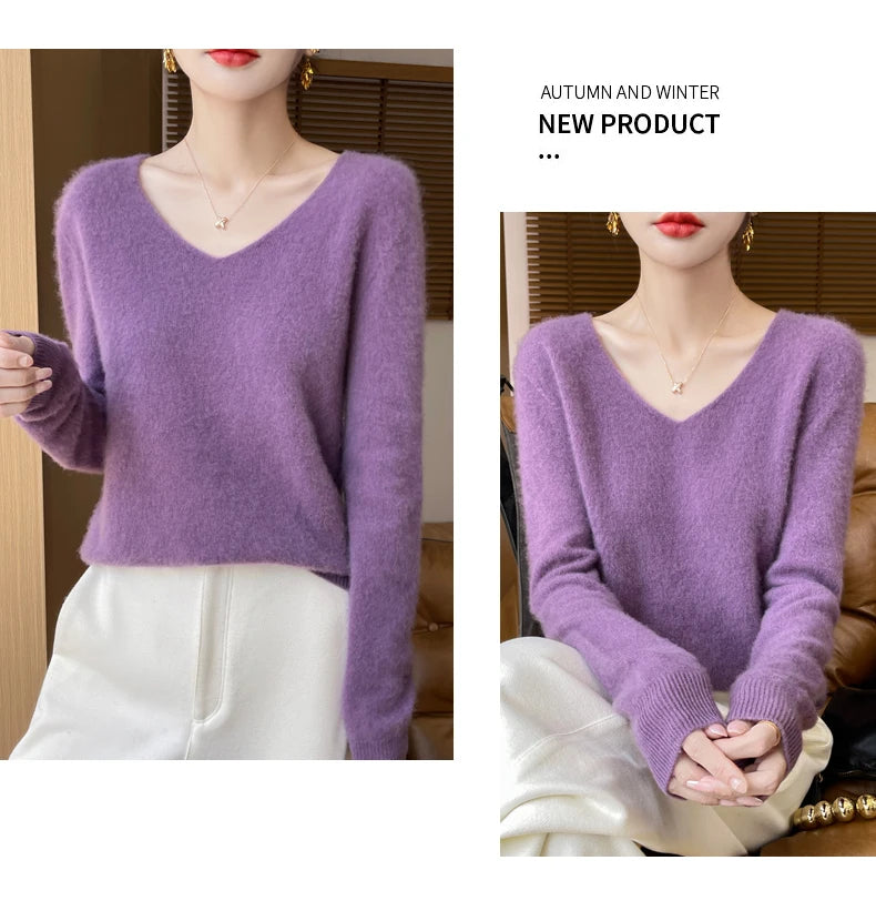 Fashion Pullover 100% Merino Wool Women Sweater V-Neck Long Sleeve Basic Jumper Spring Autumn Winter Clothing Knitwear Tops