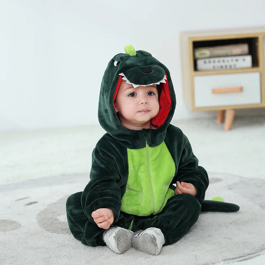 Pijamas de dinosaurio verde para bebé recién nacido, ropa para niño y niña, peleles infantiles, disfraz de Anime de Animal, mono con capucha, mono de invierno