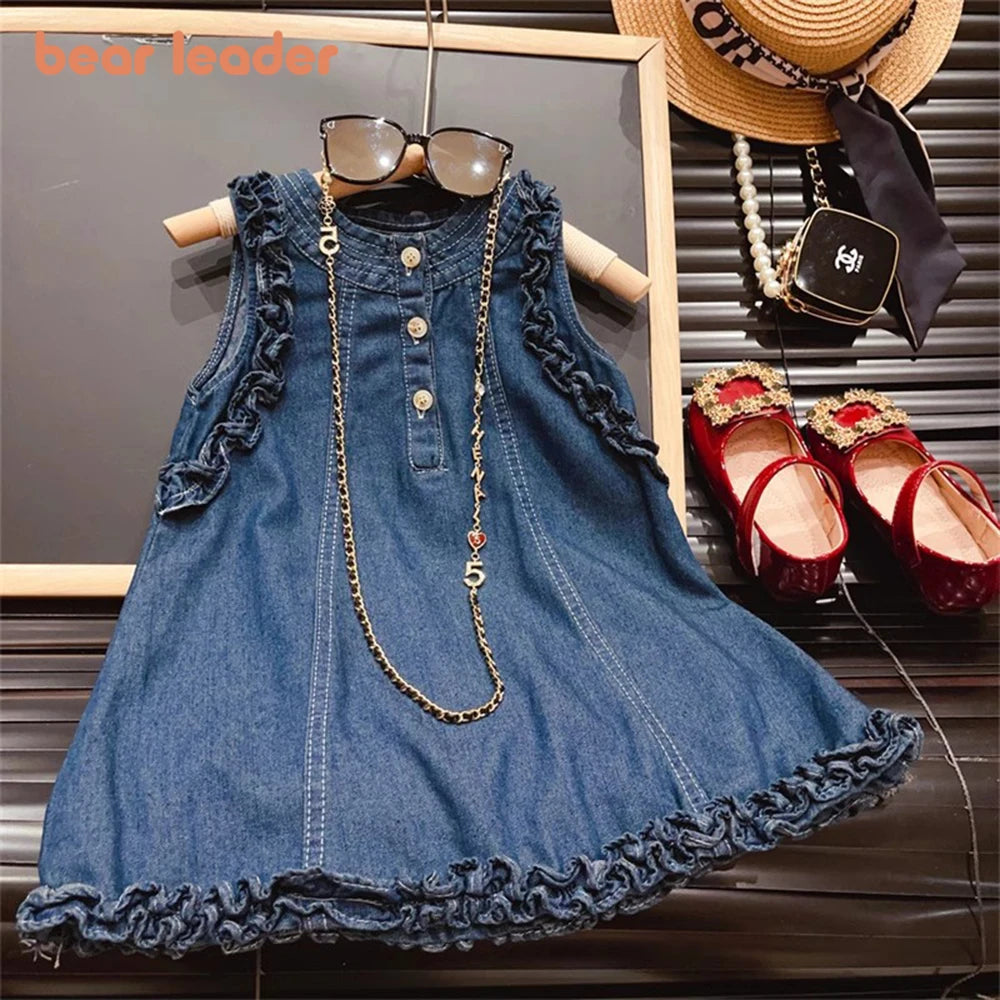 Bear Leader 2-7 Years Korean Style Girl's Sweet Dress 2024 New Summer Sleeveless Wood Ear Edge Solid Color Denim Dress