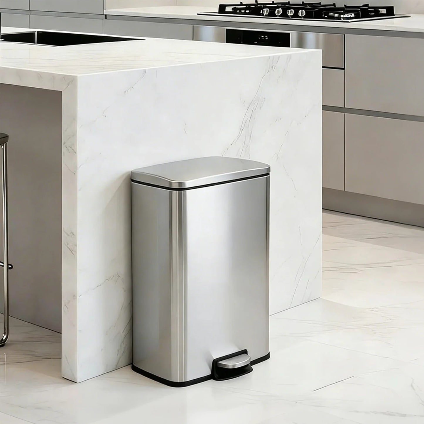 Fingerprint-Proof 13 Gal Pedal Trash Bin Stainless Steel Kitchen Wastebasket Removable Liner Quiet Lid For Office Garage