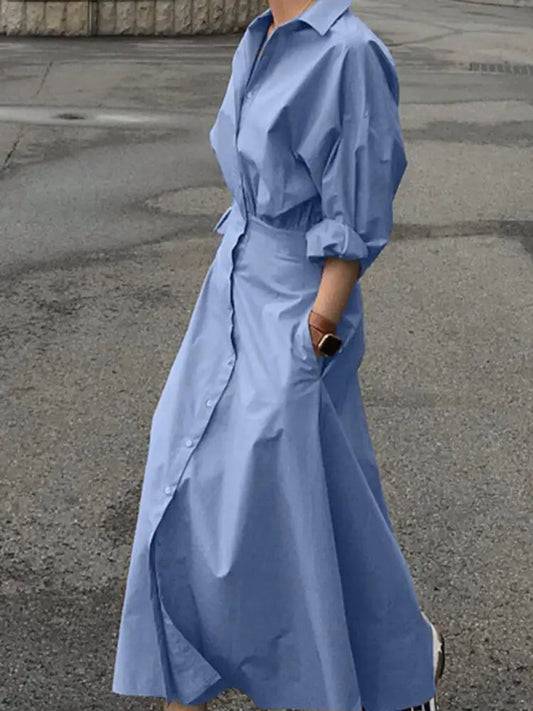 Fashion Female A Line Robe ZANZEA Solid Lapel Vestidos Women Casual Long Sleeve Dresses Elegant Maxi Shirt Dress Oversized