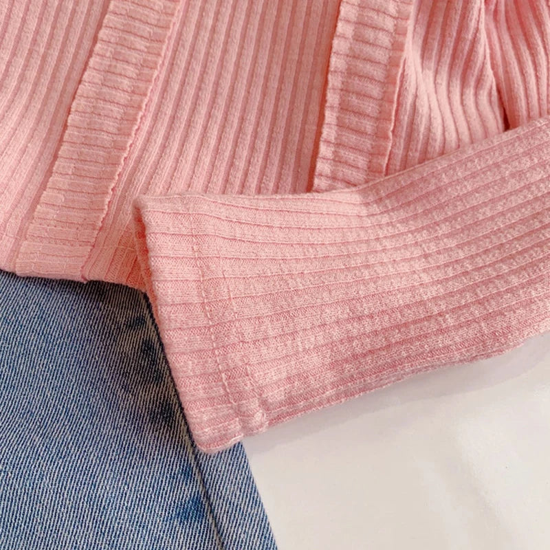 3-10Y Teen Girls Clothing Set Spring Autumn Solid Color Long Sleeve Top+Letter Print Wide Leg Jeans 2Pcs For Kids Fashion Outfit