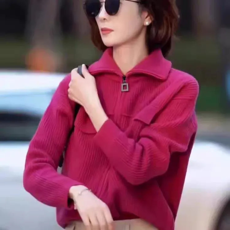 New 100% pure cashmere cardigan in autumn and winter women's POLO collar cashmere rose red coat knitted hooded sweater