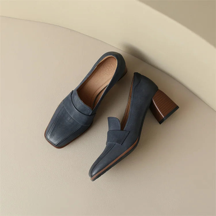 2024 Spring New GENUINE LEATHER Women Shoes LEISURE Women Slip-On Shallow Pumps Square Toe Heels Shoes Women Zapatos De Mujer