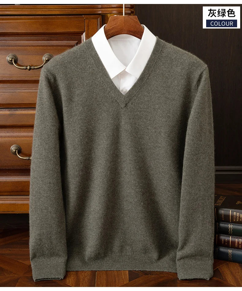 100% Cashmere Men's Pullover Casual Solid Color Knitted Sweater Loose Pull V-Neck Tops Basic Versatile Jumper