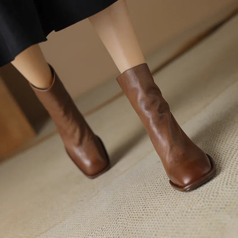 2024 Autumn/winter Women Boots High Heels Square Toe Short Boots Women Shoes Office Lady Gladiator Lady Shoes Genuine Leather