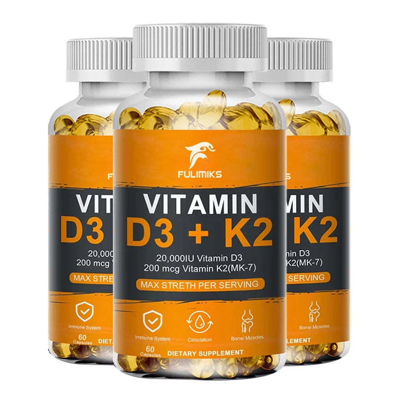 Vitamin D3 K2 Capsule - 20,000 IU Vitamin D3 Promotes Strong Bones, Calcium Absorption, Teeth, Heart, Cardiovascular Health
