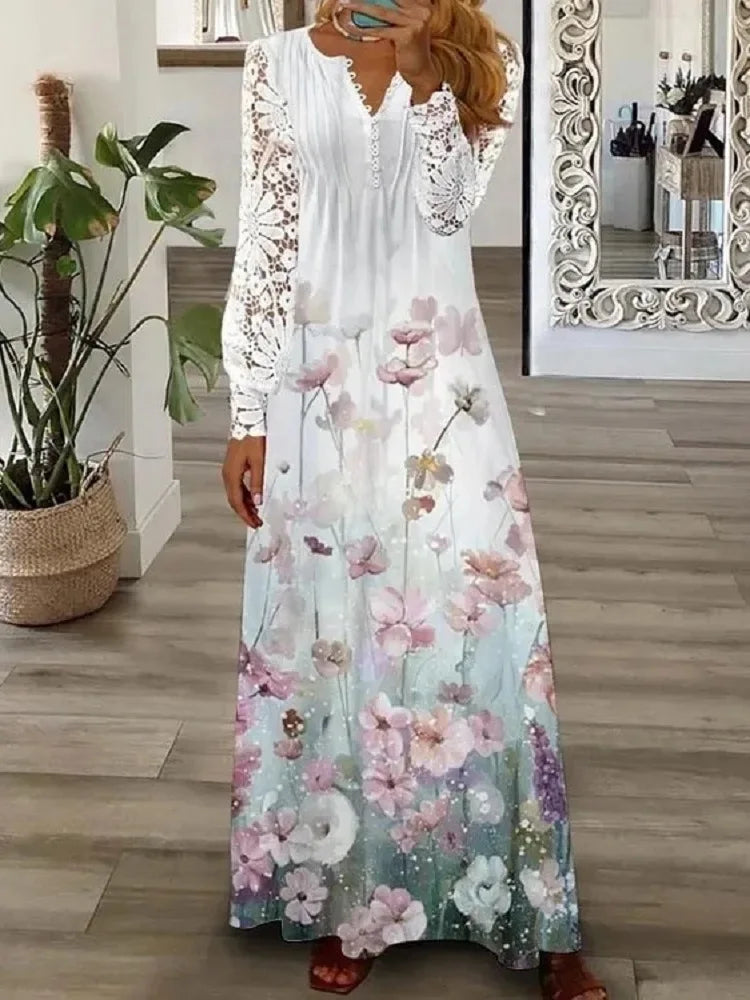 Spring Women Lace Button Loose Boho Vintage Ruffles Dresses Befree Summer Elegant Party Large Big Summer Party Maxi Dress
