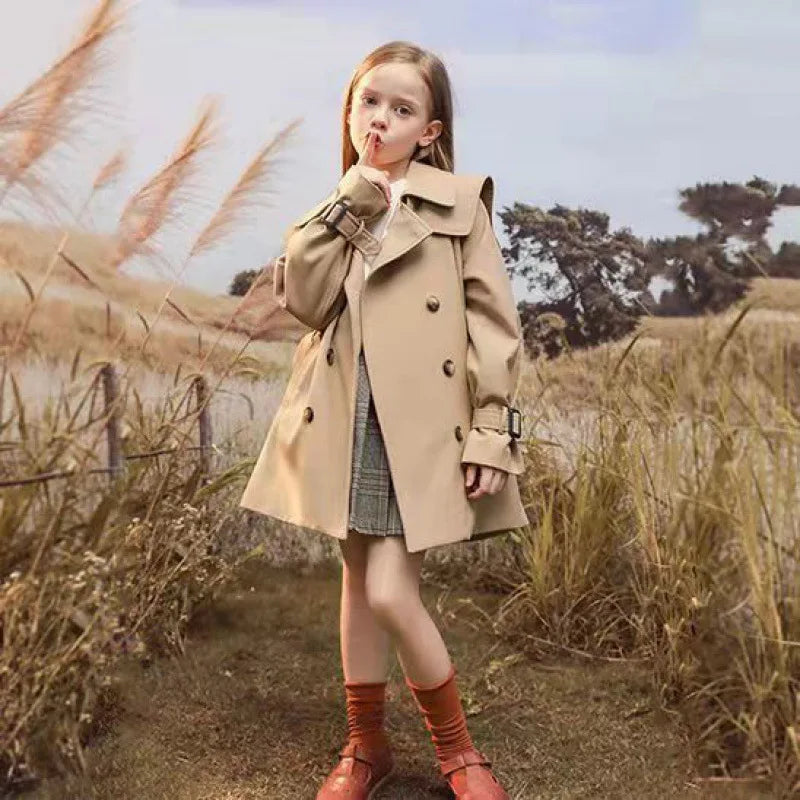 3-14 years Spring Autumn Girls Windbreaker Trench Coat Windproof Children Kid's Mid-Length Jacket Coat Baby Teenagers Overcoat