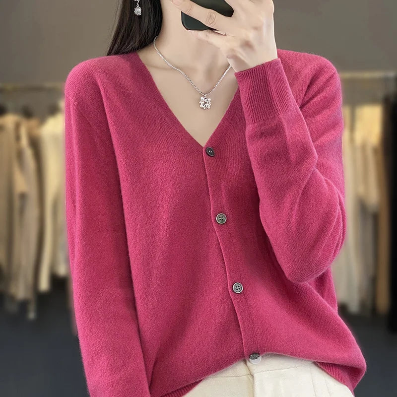 New Fashion Spring Autumn 100% Merino Wool Women's V-neck Cardigan Cashmere Sweater 2024 Female Knitwear Clothing Korean Tops